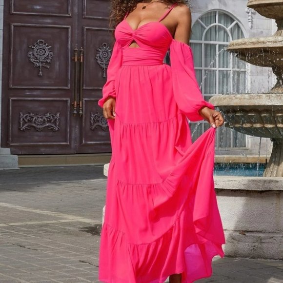 MAXI CUT OUT COLD SHOULD LANTERN SLEEVE TIERED DRESS SUMMER TROPICAL VACAY